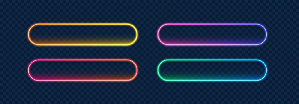 Neon button call action set with bright gradient glow. Pill rectangle mockup for mobile and interface button. Vector illustration. 3d neon box for text, game banner collection, neon line frames.