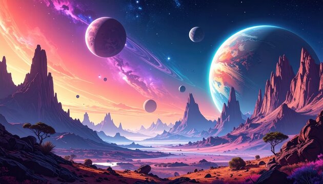 Alien planet landscape with purple mountains and multiple moons visible in colorful sky during vibrant sunset over rocky terrain - Powered by Adobe
