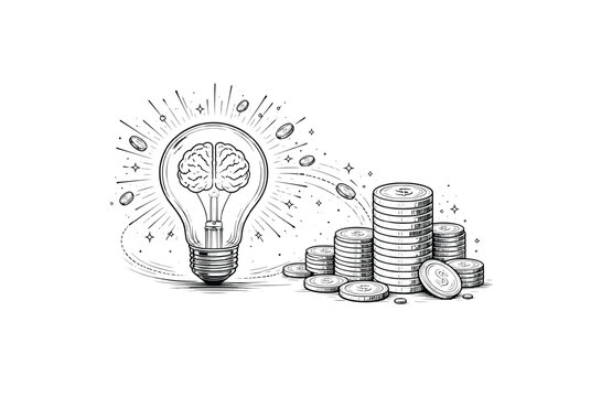 Turning ideas into a money concept with a lightbulb and coins line illustration