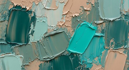 Thick impasto oil paint texture displays abstract blocks of cool and warm muted colors