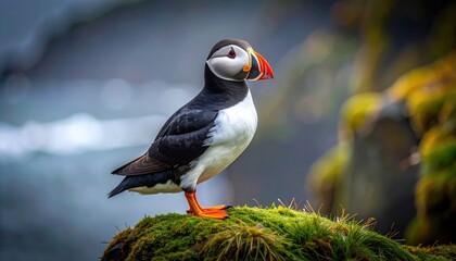 Atlantic puffin with vibrant orange beak stands on a lush green mossy rock against a soft blurred coastal background