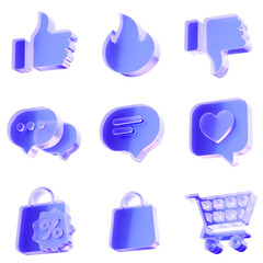 Set 3D Glass thumbs up fire thumbs down chat message bubbles heart comment shopping bag cart icon isolated on transparent background, customer feedback and social media interaction. Transparent Liquid © StockStyle