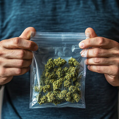 A man holds a ziplock bag with marijuana flowers inside.