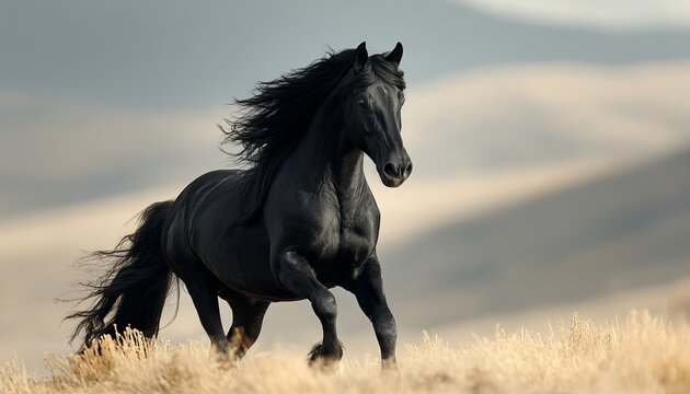 Majestic Black Friesian Horse Galloping Gracefully Across the Open Fields Under a Bright Blue Sky