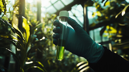 Scientist holds a test tube containing a green liquid extracted from a plant inside the tube.