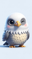 Obraz premium Adorable baby owl winking, fluffy feathers, 3D cartoon style, isolated on light background.