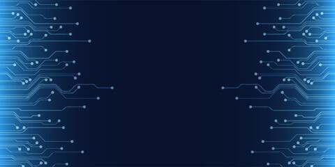 Futuristic Dark Blue Technology Background with Glowing Circuit Board Lines. Digital Network Connection Pattern for Cyber Security, Artificial Intelligence, and Modern Electronic Hardware Design.