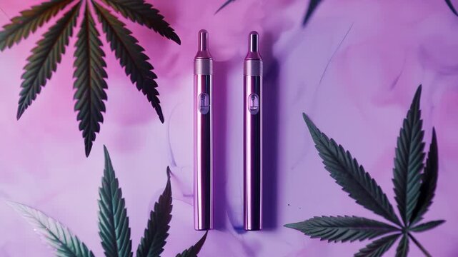 Cannabis leaves and electronic cigarettes in pink smoke