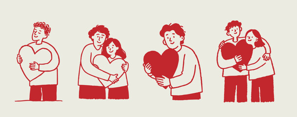 Fototapeta na wymiar Hand drawn doodle couples holding hearts together for valentine love romance and relationship illustration background
