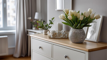 White minimalist chest of drawers, collection of valentines in different styles, pressed flower card, abstract lines design, vase with white tulip, modern romantic decor, clean