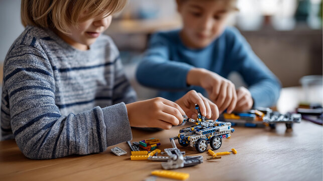 Children assembling robot from construction kit, education articles, child development imagery, STEM learning activity, engineering play scene, hands-on building moment, faceless