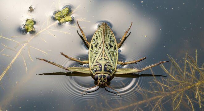 Backswimmer bug in pond water with reflections.