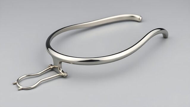 shortcoming. A stainless steel dental facebow isolated on a neutral background. STEM education sheets, lab safety posters, designed for biotech research communications, used by nutritionists.
