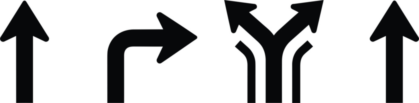 Set of black directional arrow icons including straight, curved turn, and split fork path symbols isolated on a clean white background.