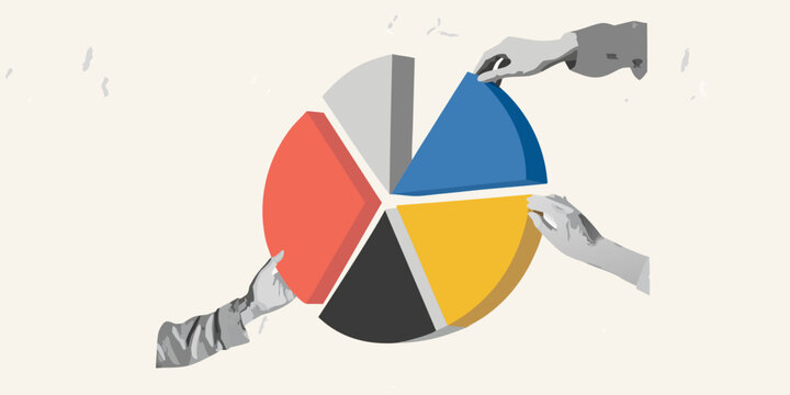 Hands manipulating a colorful pie chart representing data and collaborative analysis