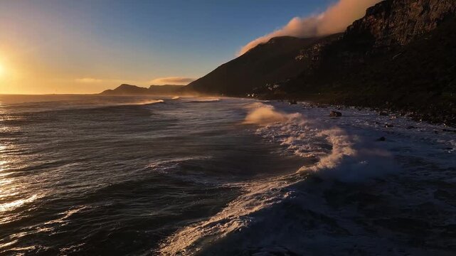 Aerial view of a dramatic coastline where the golden sun kisses the dark ocean, creating a mesmerizing contrast near mountains, Cape Town, Western Cape, South Africa.