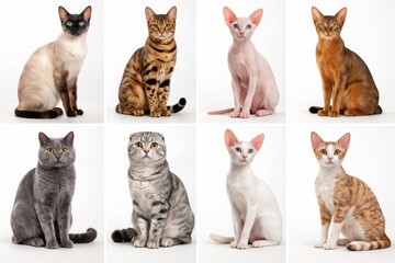 Short haired cat breeds collection isolated on white background
