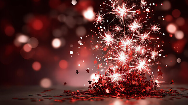 Happy Valentine's Day greeting with firecracker exploding, red stars bursting, festive celebration graphic, dynamic holiday design, romantic explosion motif, playful love theme,