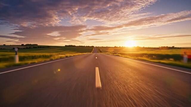 A long, open highway stretches towards a vibrant sunset, bathed in golden light. This scenic landscape presents a sense of freedom, travel, and adventure, a beautiful depiction of the open r