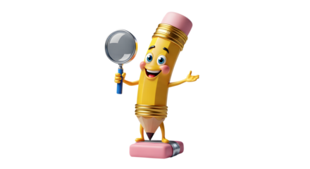 A cartoon pencil character holding a magnifying glass isolated on transparent background