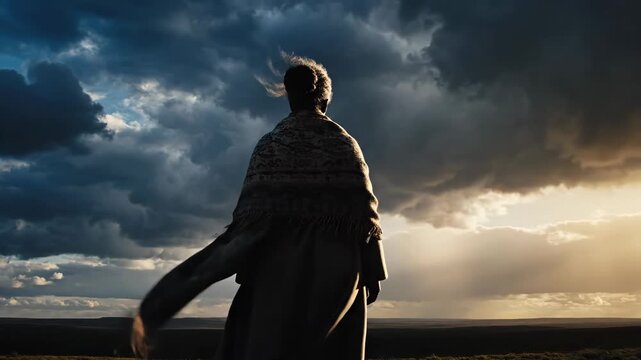 A solitary figure stands silhouetted against a dramatic, stormy sky, contemplating the vast landscape. The artistic style is reminiscent of a cinematic shot, conveying introspection and a se