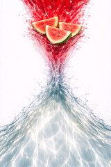 Photoreal CGI Watermelon Juice &times; Clear Wave Interference &mdash; Top-Down 75&deg;, 8K Horizontal, Left 60&ndash;65% Action (2&ndash;3 Watermelon Wedges), Right 35&ndash;40% Clean Copy Space, Isolated Alpha + Shadow Layer, sRGB 1