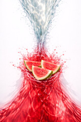 Photoreal CGI Watermelon Juice &times; Clear Wave Interference &mdash; Top-Down 75&deg;, 8K Horizontal, Left 60&ndash;65% Action (2&ndash;3 Watermelon Wedges), Right 35&ndash;40% Clean Copy Space, Isolated Alpha + Shadow Layer, sRGB 1