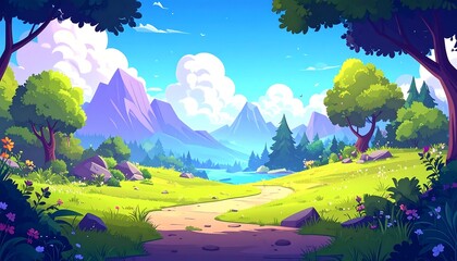 A serene cartoon landscape with a winding path through a lush green valley