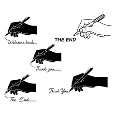 Hand Holding Pen Silhouette Pack: Thank You, The End, and Welcome Back Vector Set
Vector Illustration of Hands Writing with Pen and Pencil: Scripted Message Silhouettes
Human Hand Writing Gestures w