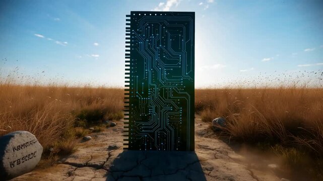 A futuristic door with circuit patterns standing in a serene, dry landscape under a bright sun