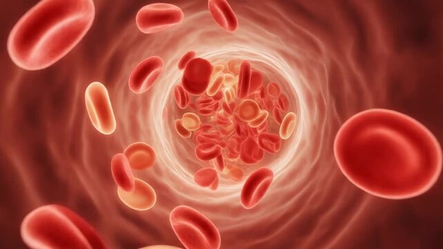 Firefly journey through vibrant blood vessel with flowing red and white blood cells animation