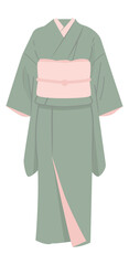 Traditional japanese green kimono with pink obi illustration