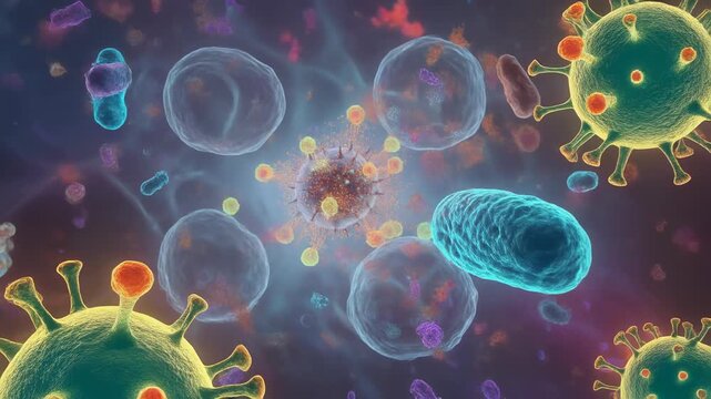 Firefly diving into a vibrant microscopic world with dynamic antibodies in a colorful biological battle scene