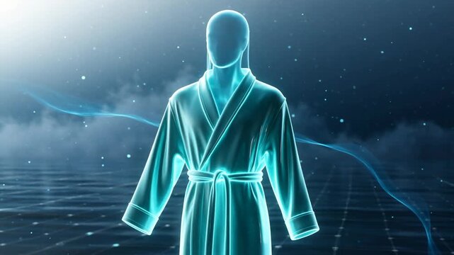 Futuristic glowing figure in a robe against a dark, misty backdrop with soft light reflections