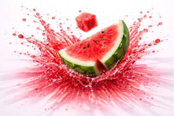 Photoreal CGI Watermelon Juice &times; Clear Wave Interference &mdash; Top-Down 75&deg;, 8K Horizontal, Left 60&ndash;65% Action (2&ndash;3 Watermelon Wedges), Right 35&ndash;40% Clean Copy Space, Isolated Alpha + Shadow Layer, sRGB 1