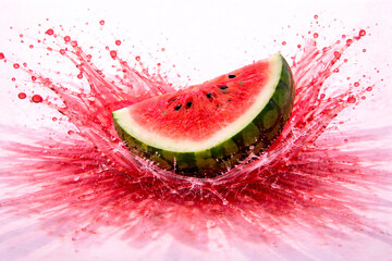 Photoreal CGI Watermelon Juice &times; Clear Wave Interference &mdash; Top-Down 75&deg;, 8K Horizontal, Left 60&ndash;65% Action (2&ndash;3 Watermelon Wedges), Right 35&ndash;40% Clean Copy Space, Isolated Alpha + Shadow Layer, sRGB 1