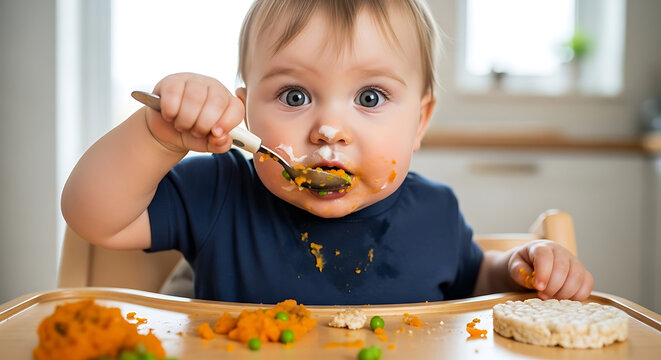 Toddler sitting in high chair eating organic meal