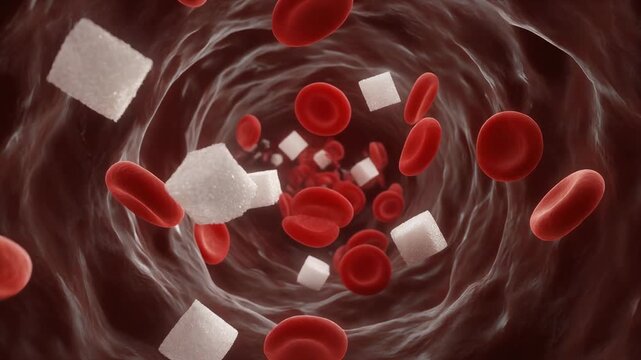 Firefly flying through bloodstream with red blood cells and sugar cubes vibrant medical illustration