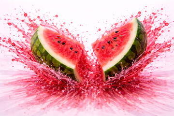 Photoreal CGI Watermelon Juice &times; Clear Wave Interference &mdash; Top-Down 75&deg;, 8K Horizontal, Left 60&ndash;65% Action (2&ndash;3 Watermelon Wedges), Right 35&ndash;40% Clean Copy Space, Isolated Alpha + Shadow Layer, sRGB 1