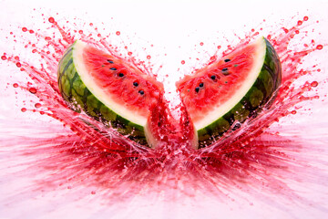 Photoreal CGI Watermelon Juice &times; Clear Wave Interference &mdash; Top-Down 75&deg;, 8K Horizontal, Left 60&ndash;65% Action (2&ndash;3 Watermelon Wedges), Right 35&ndash;40% Clean Copy Space, Isolated Alpha + Shadow Layer, sRGB 1