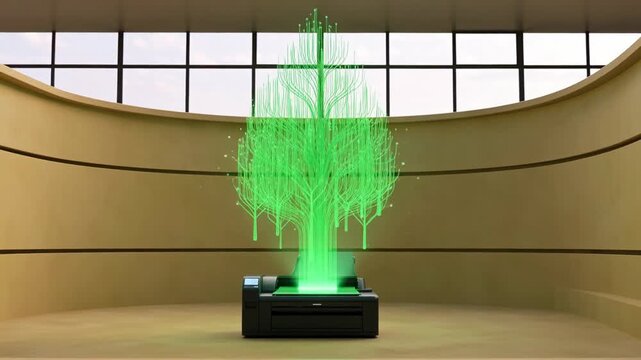 A futuristic printer creating a holographic green tree in a modern, minimalist room with large windows and neutral walls
