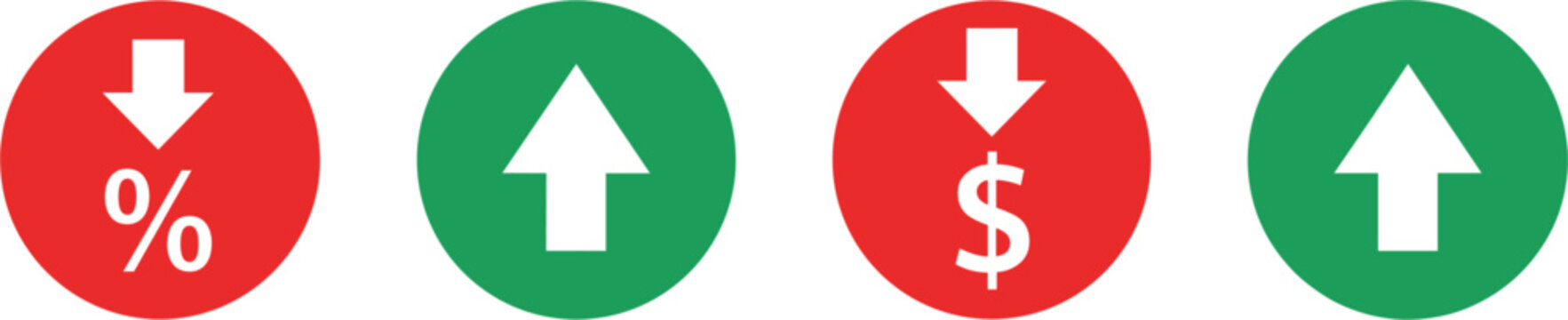 Set of circular flat icons with green up and red down arrows featuring dollar sign and percentage symbols for financial growth and market loss analysis presentation.