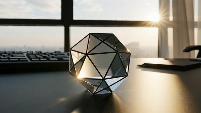 A geometric sculpture reflecting sunlight on a desk near a window with soft curtains exposing a cityscape