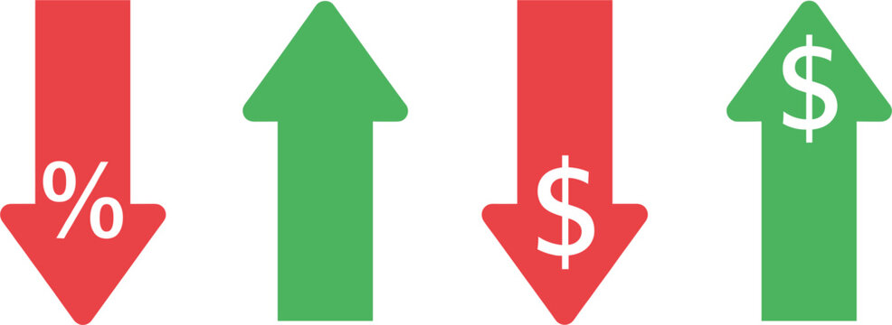 Set of green and red financial arrows indicating dollar profit growth and percentage loss for stock market analysis business data presentation and economy infographic.