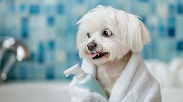Funny maltese dog in a bathrobe holding a shampoo bottle