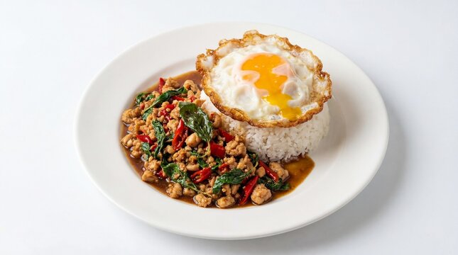 Thai stir fried minced pork with holy basil and fried egg on rice isolated on white background
