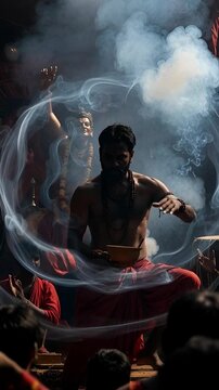 Man performing traditional dhunuchi naach dance at Durga Puja