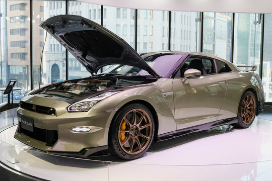 TOKYO, JAPAN - January 22, 2026: A Nissan GT-R Premium edition T-spec on display at Nissan Crossing showroom in Ginza.