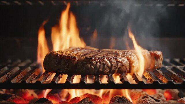 Close up of food cooking on a grill with flames and smoke