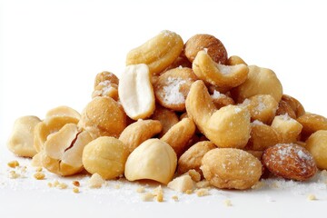 Obraz premium Salted cashews and macadamias on a white backdrop
